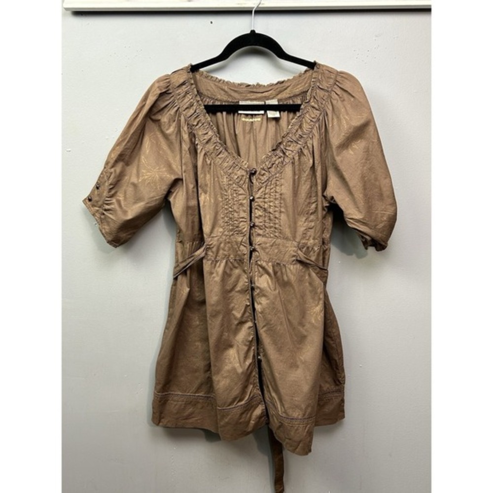 Y2K DKNY Beige & Gold Top Womens Large Lightweight Button Babydoll Metallic